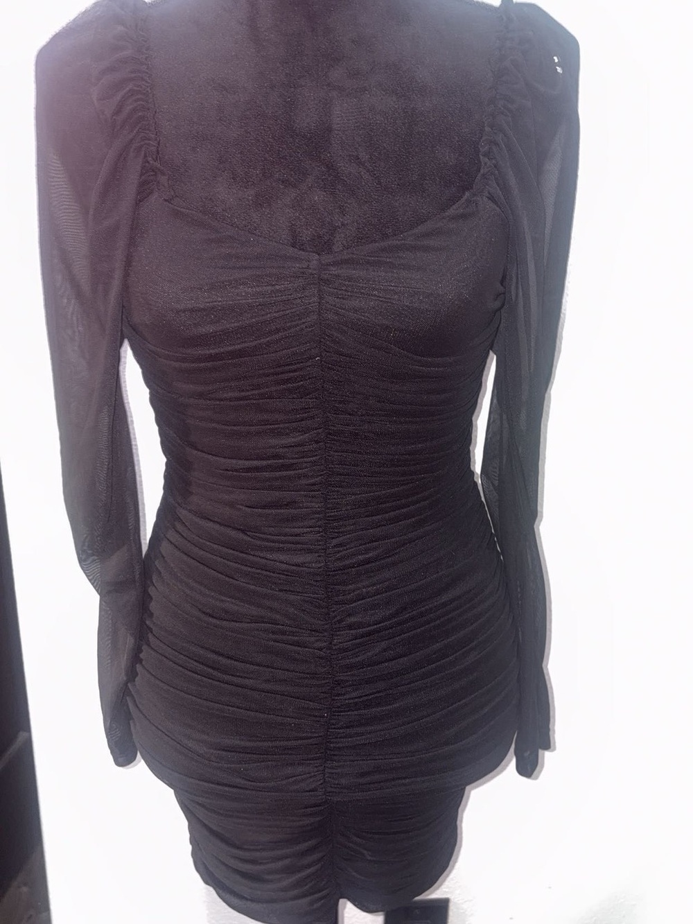 Fashion Nova Black Ruched Long Sleeve Mesh Top Dress